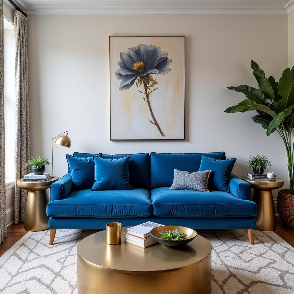 Modern Living Room with Blue Velvet Couch