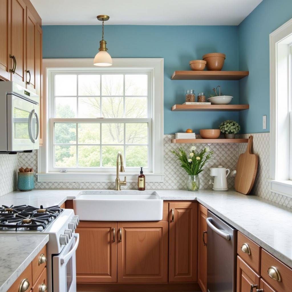 Blue walls bring out the warmth in brown cabinets