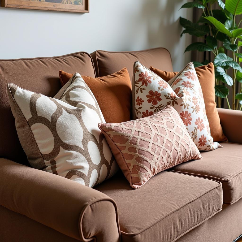 Brown fabric couch decorated with throw pillows with various patterns and textures.