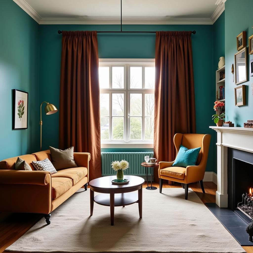 Brown curtains with teal walls