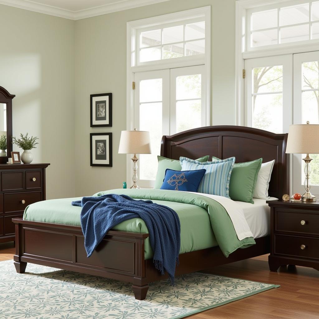 Bedroom with Brown, Green, and Blue Accents