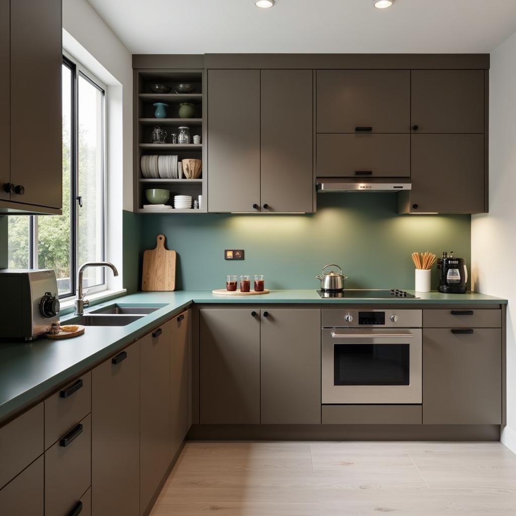 Kitchen with Brown, Green, Gray, and Black Accents