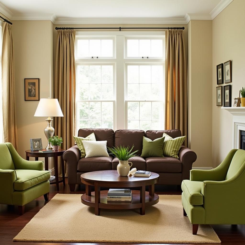 Living Room with Brown, Green, and Neutral Palette