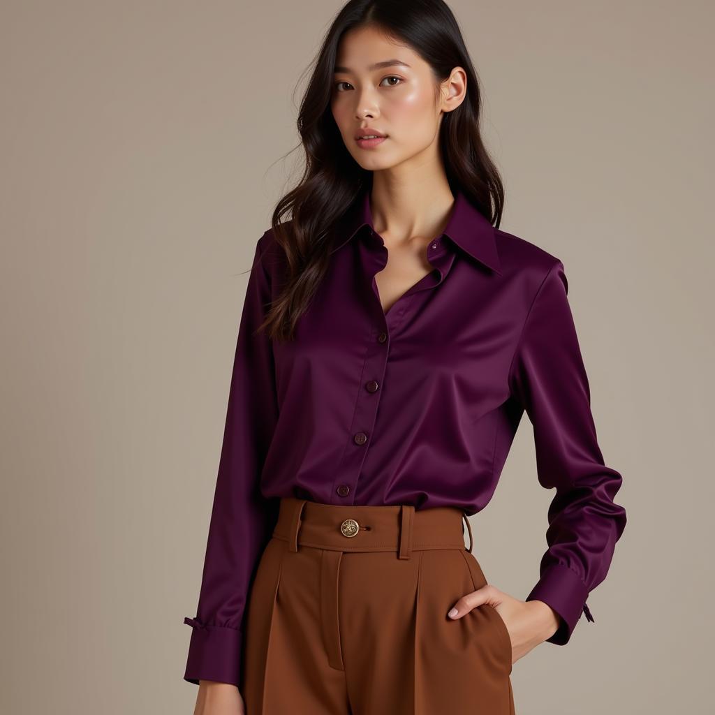  Woman wearing brown pants and a purple top