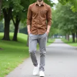 Pairing a brown shirt with gray pants