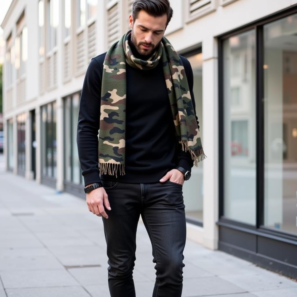 Monochromatic Outfit with Camouflage Accessories