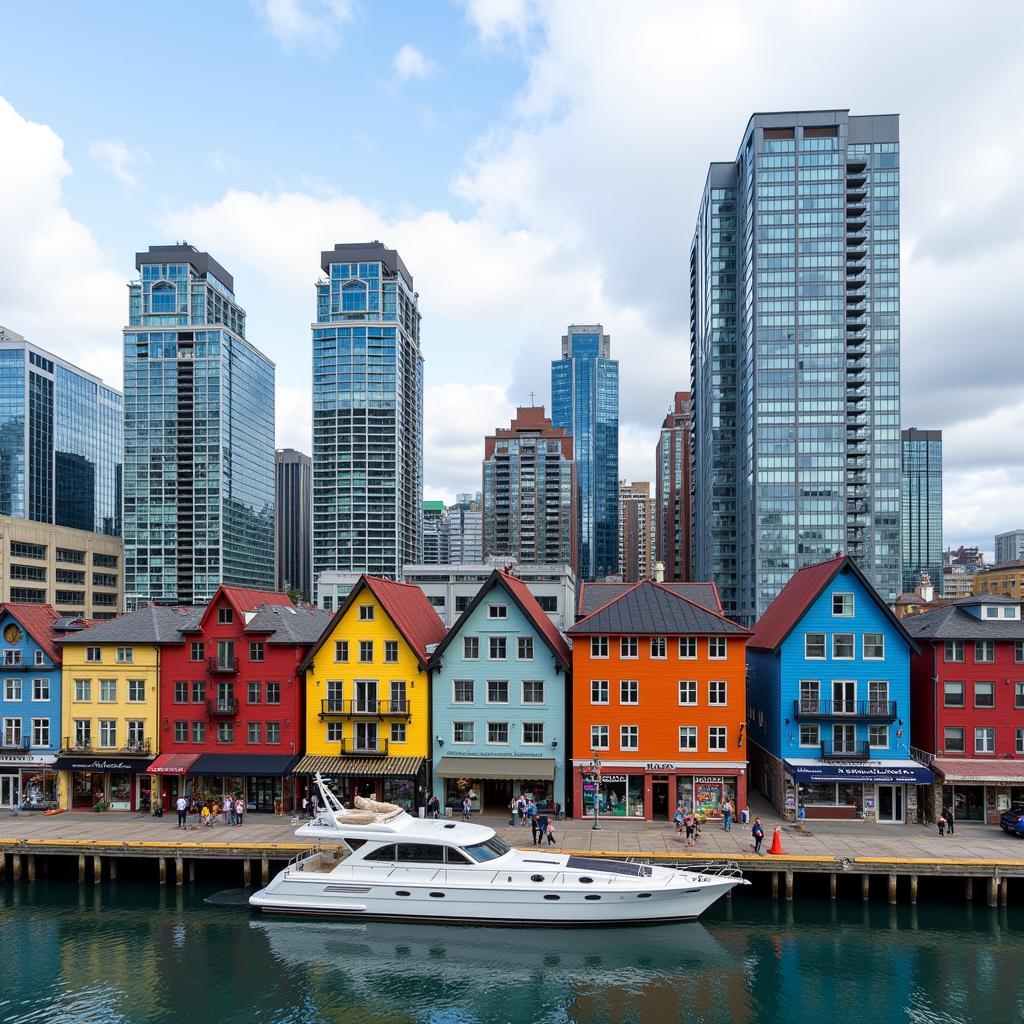 A vibrant Canadian cityscape with colorful buildings.