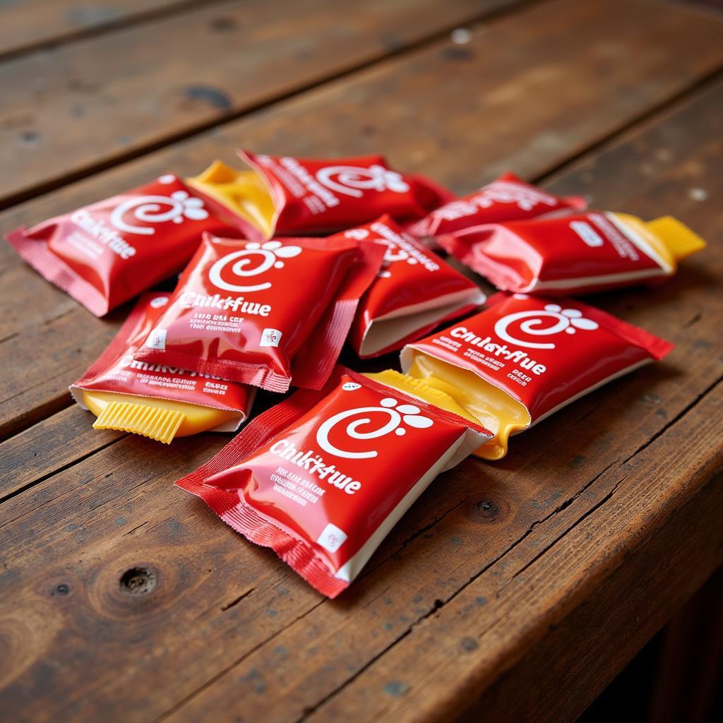 Several Chick-fil-A sauce packets displayed on a wooden table