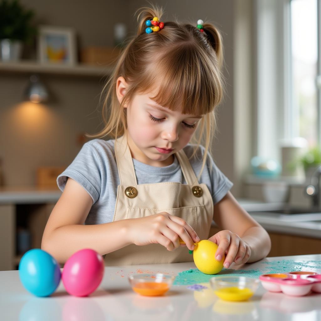 Child Coloring Easter Eggs with Food Coloring