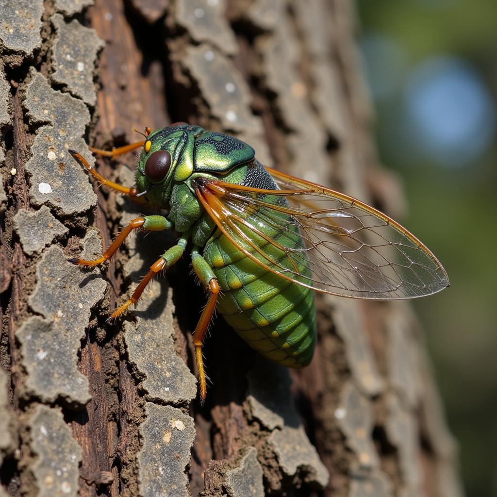 Cicada perched on a tree trunk