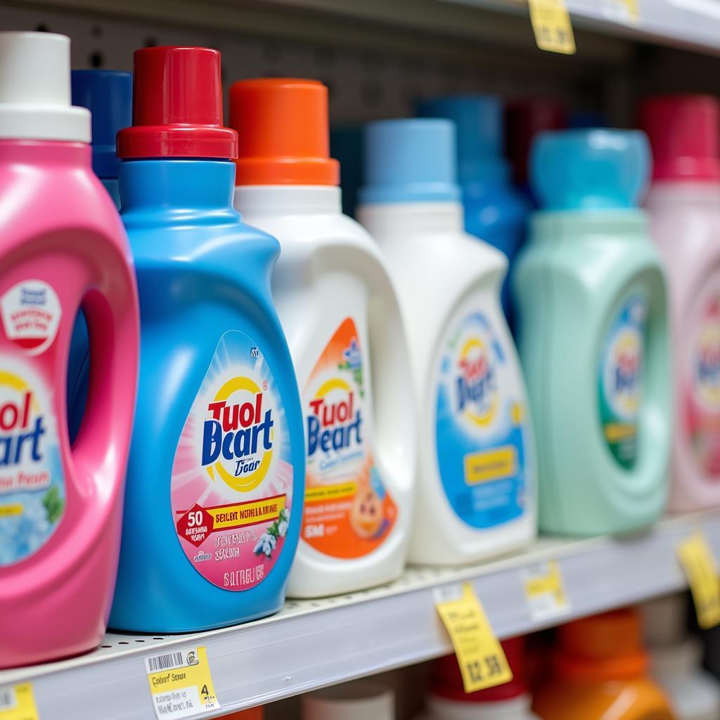 Color-safe detergent bottles on a shelf