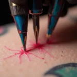 Close-up of color tattoo needles piercing skin