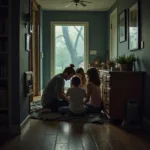 Family Taking Shelter in Basement During Tornado Warning