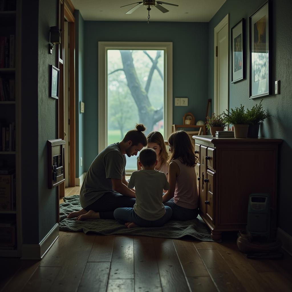 Family Taking Shelter in Basement During Tornado Warning