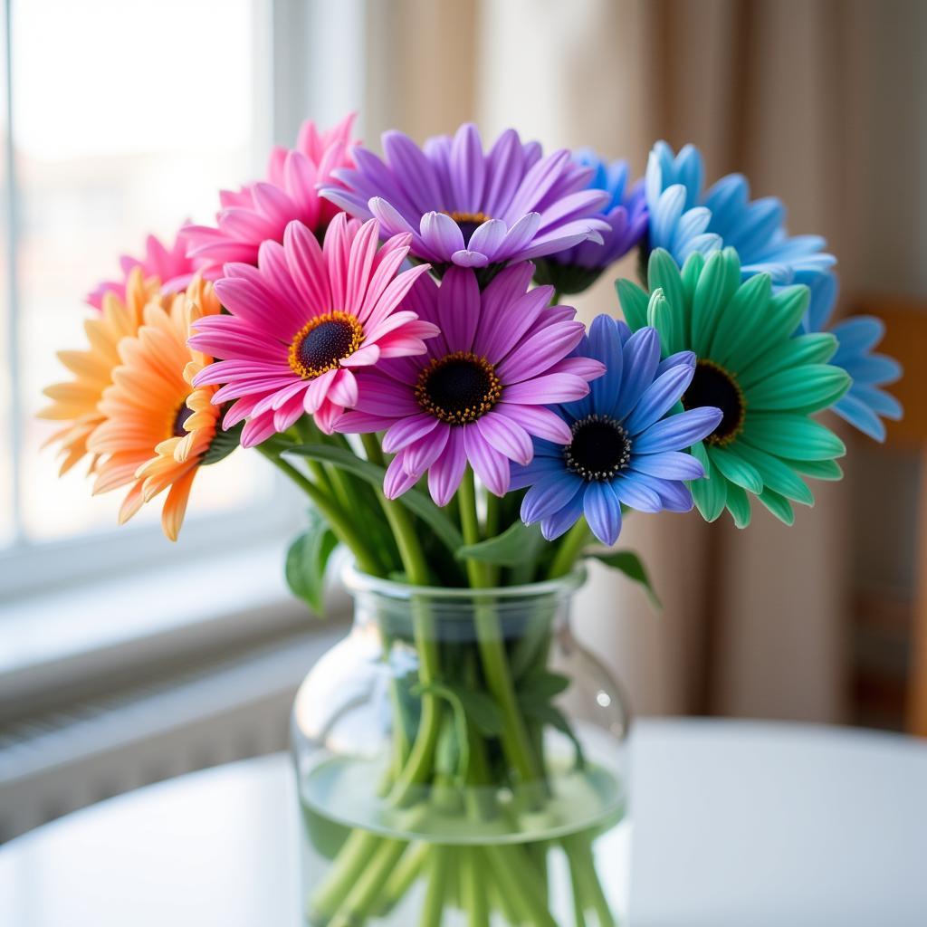 Colorful Dyed Daisies in a Vase