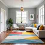 A vibrant rug in a living room with grey walls