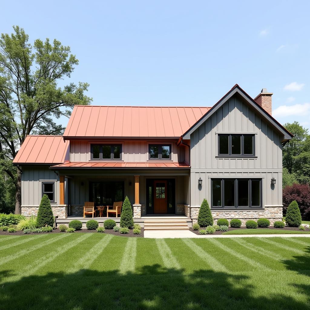 Siding in cool hues creating contrast with a copper roof