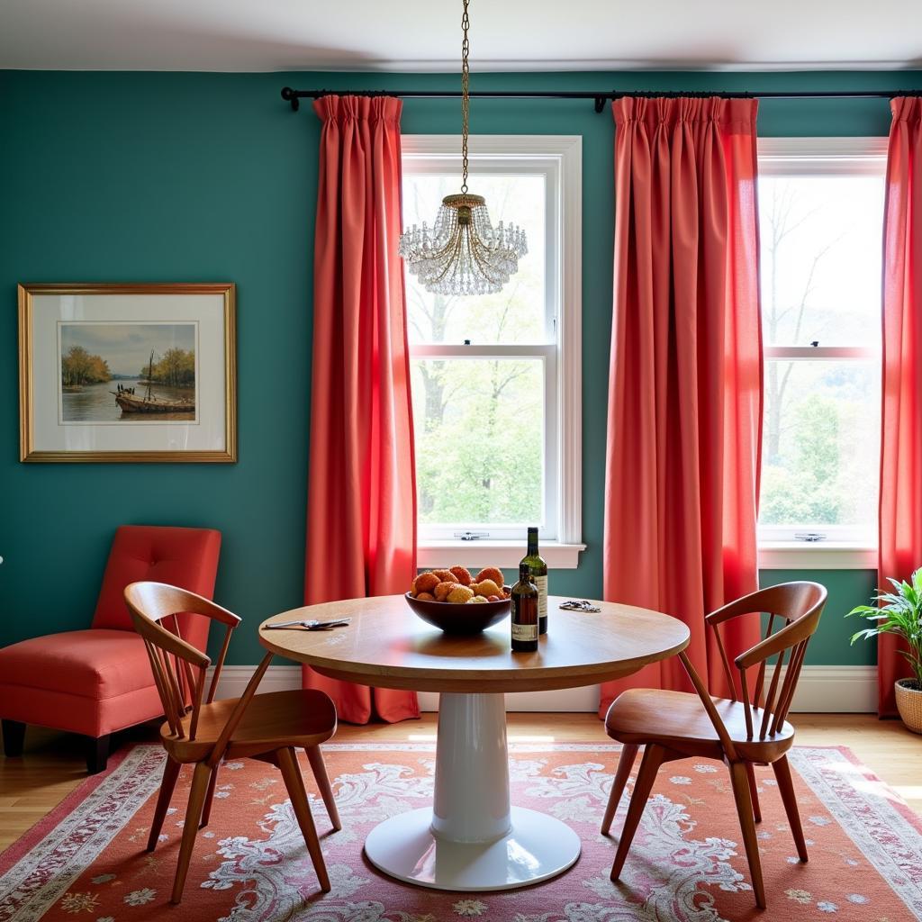 Coral curtains with teal walls