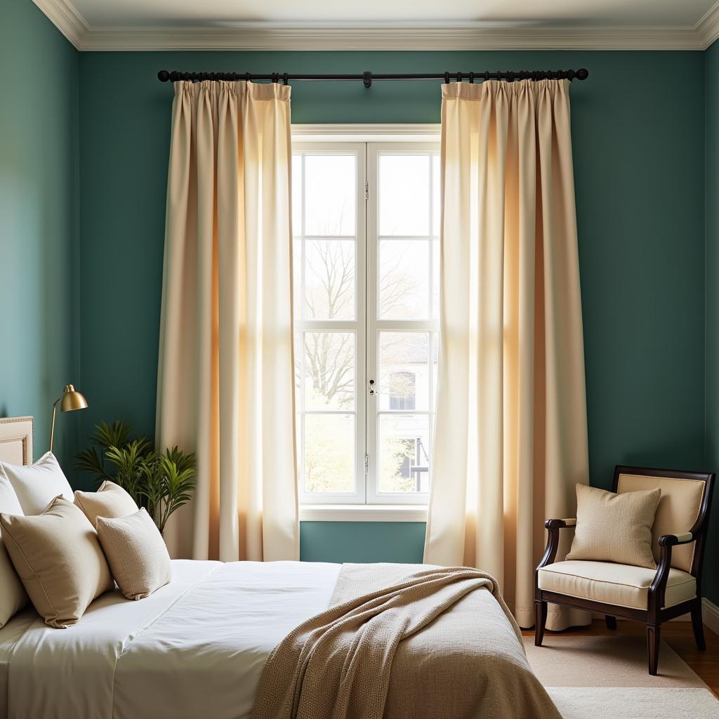 Cream curtains with teal walls