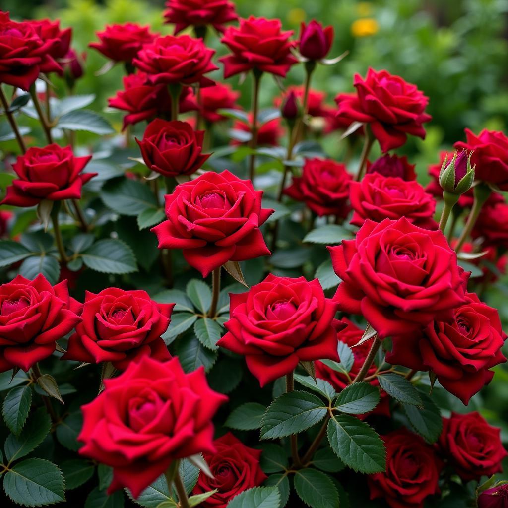 Crimson roses blooming in a garden