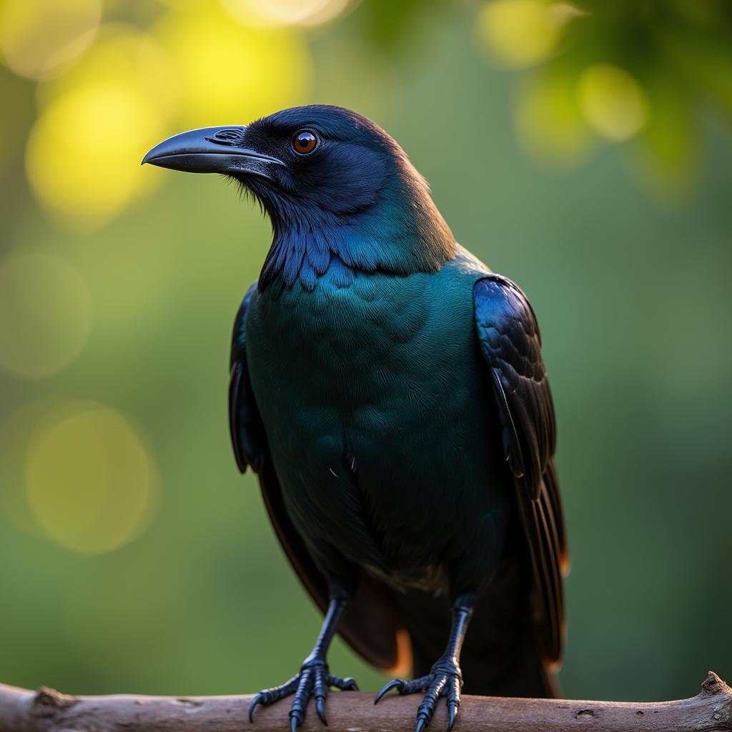 Crow with iridescent feathers in sunlight