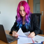 Woman with colorful hair reviewing legal documents