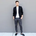 Dark gray sweatpants styled with a black blazer and loafers for a sophisticated look.