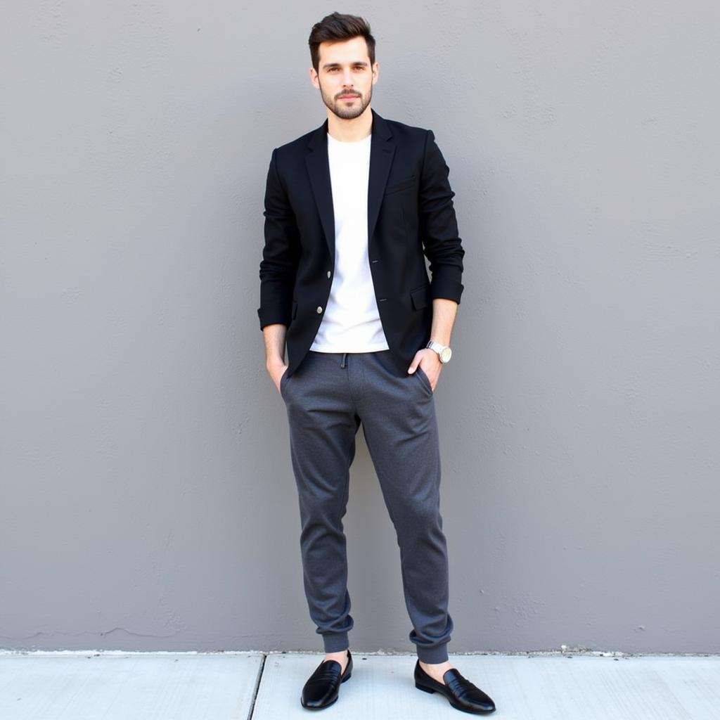 Dark gray sweatpants styled with a black blazer and loafers for a sophisticated look.