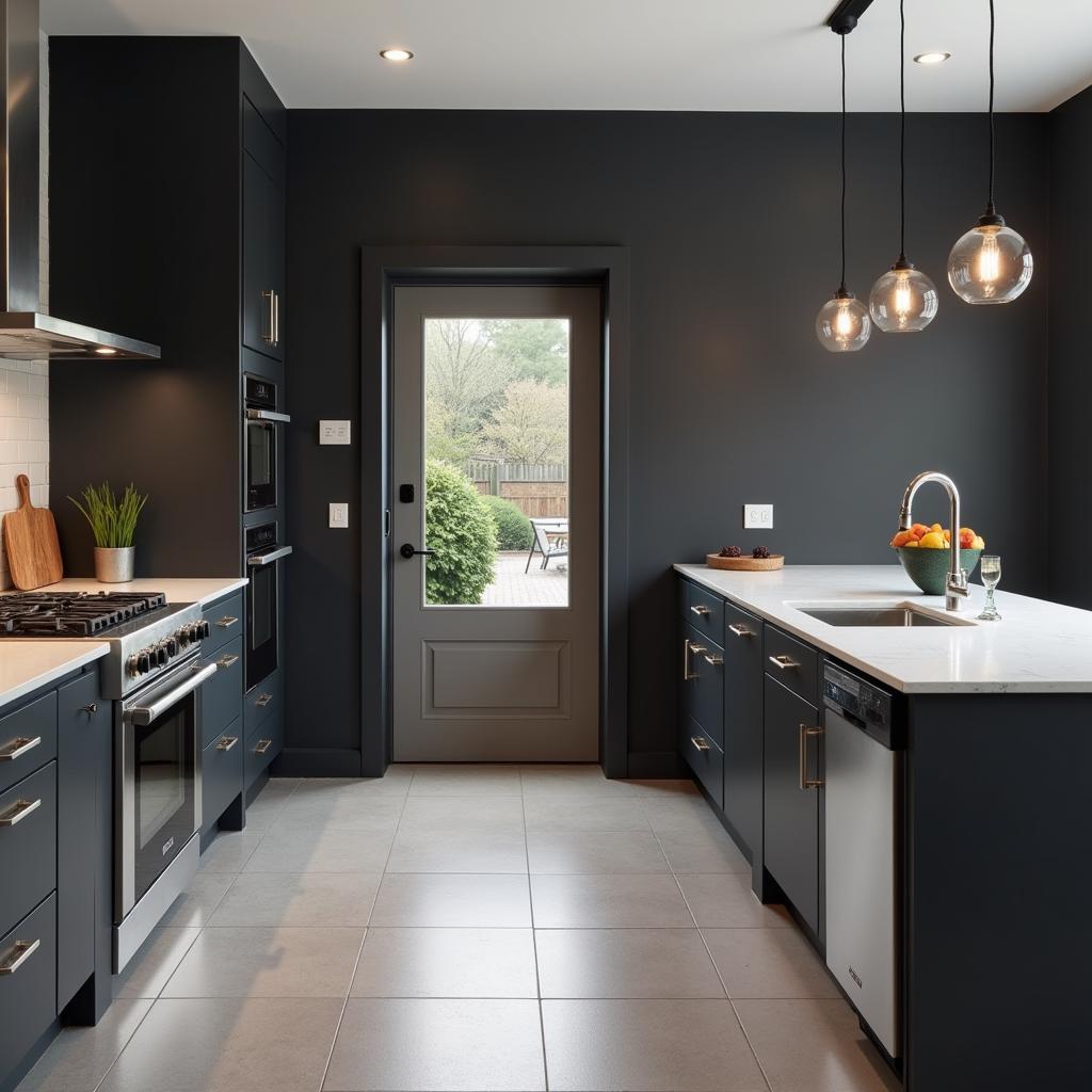 Modern Kitchen with Dark Gray Walls and Light Tile Flooring