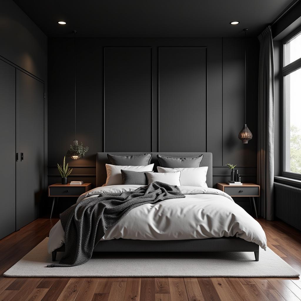 Dark wood floors create contrast with grey walls