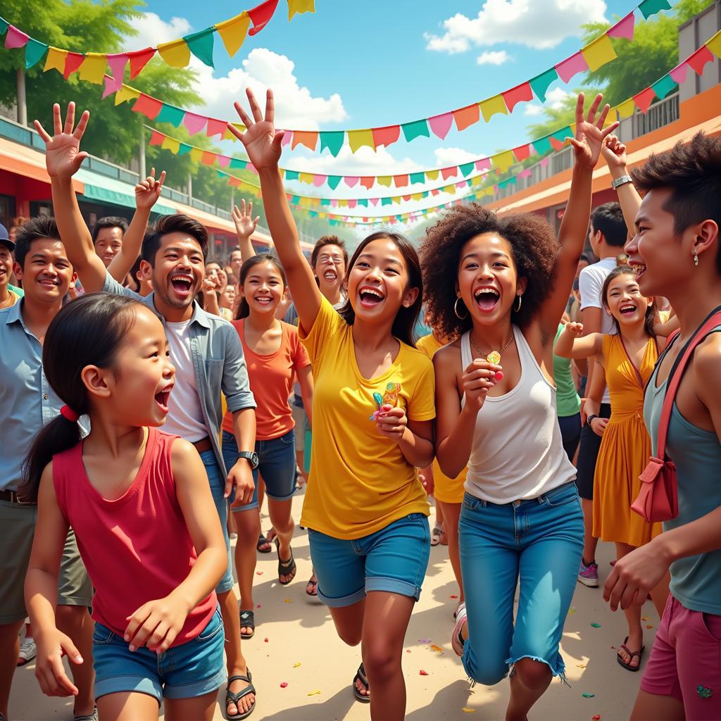 People celebrating with colorful clothing and decorations