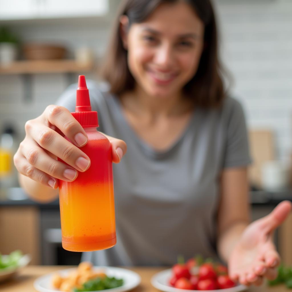 A hand holding a bottle of old food coloring over a trash can