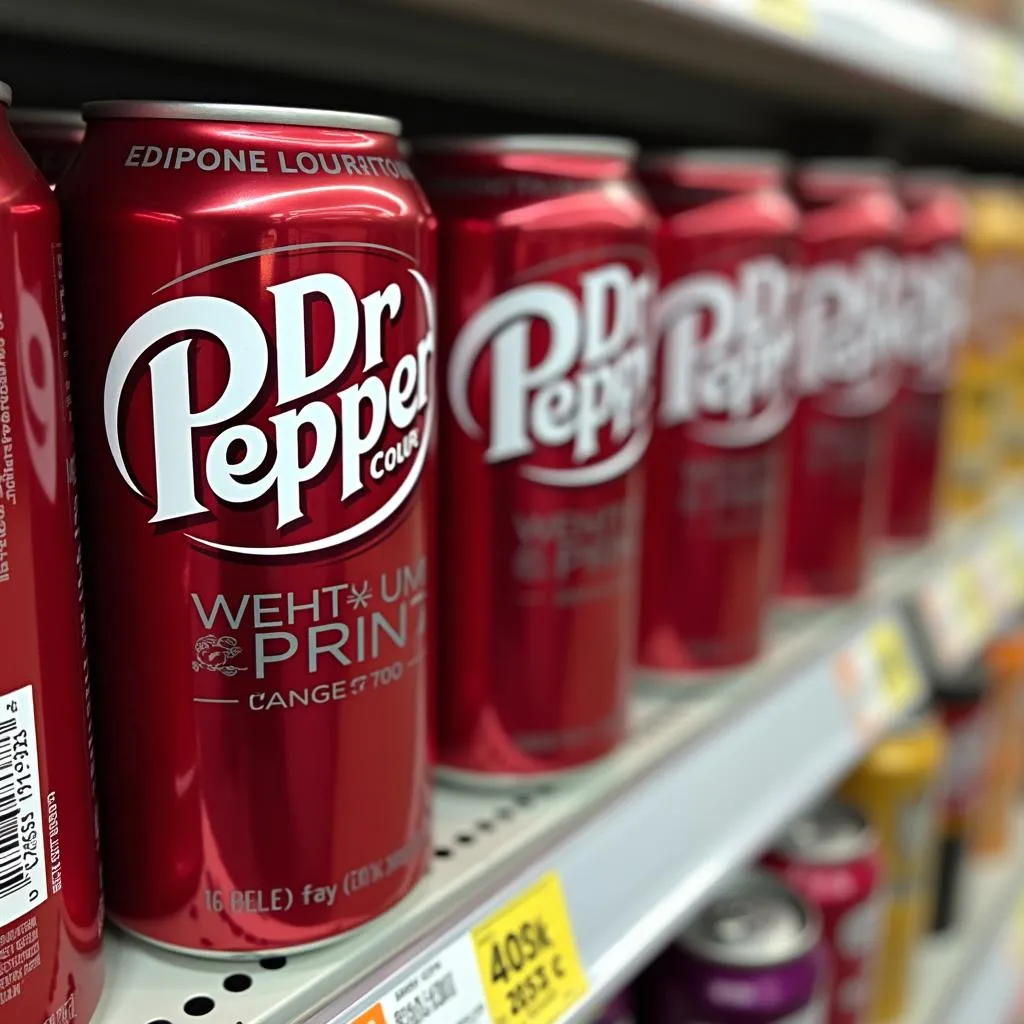 Rows of Dr Pepper cans on a store shelf