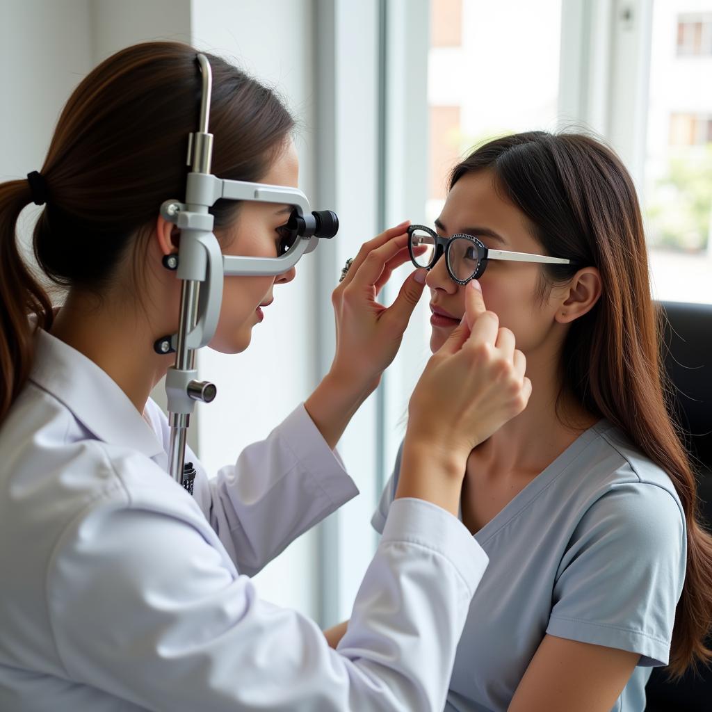 Eye doctor performing an eye exam