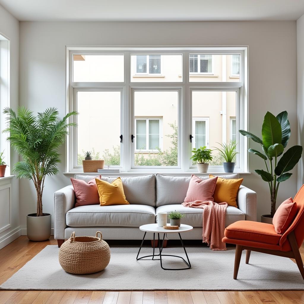 Gray couch styled with colorful pillows