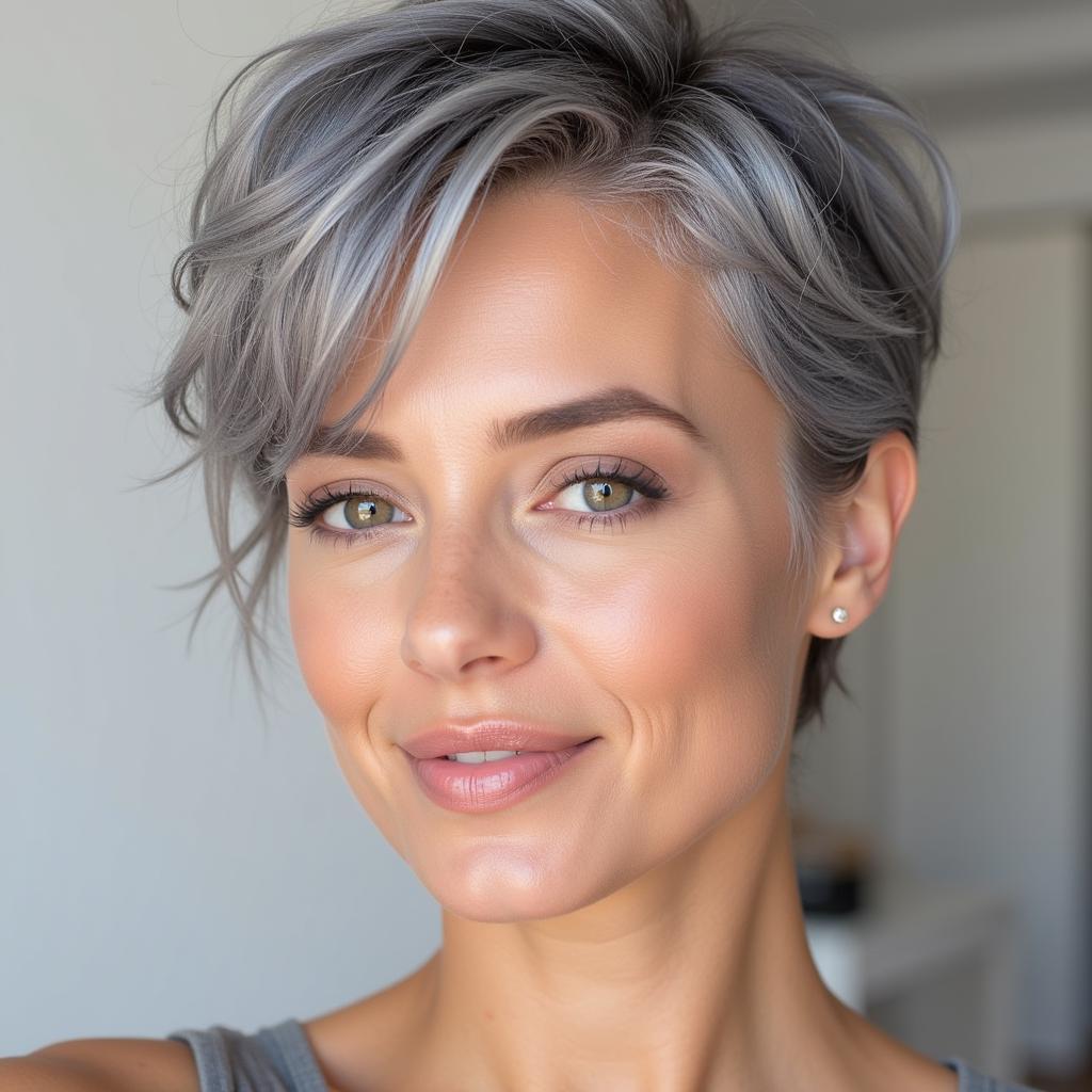 A woman with stylishly cut gray hair, wearing minimal makeup that complements her features.