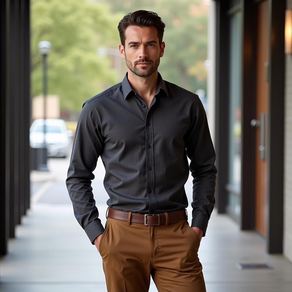 Man in a gray shirt and brown pants