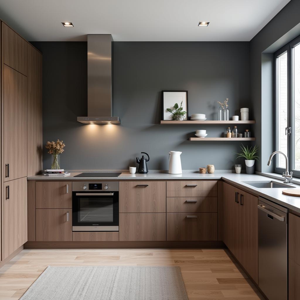 Gray walls and brown cabinets create a modern feel