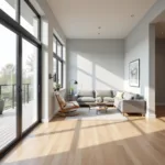 Living room with gray walls and light wood floors