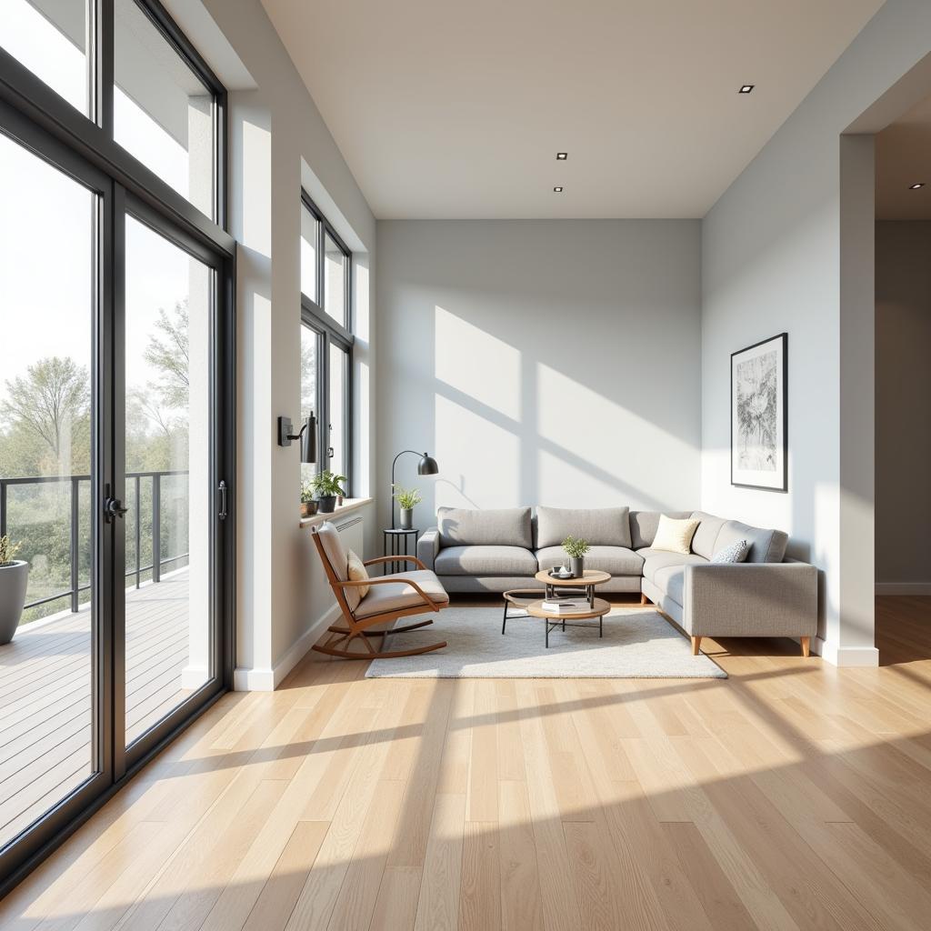 Living room with gray walls and light wood floors