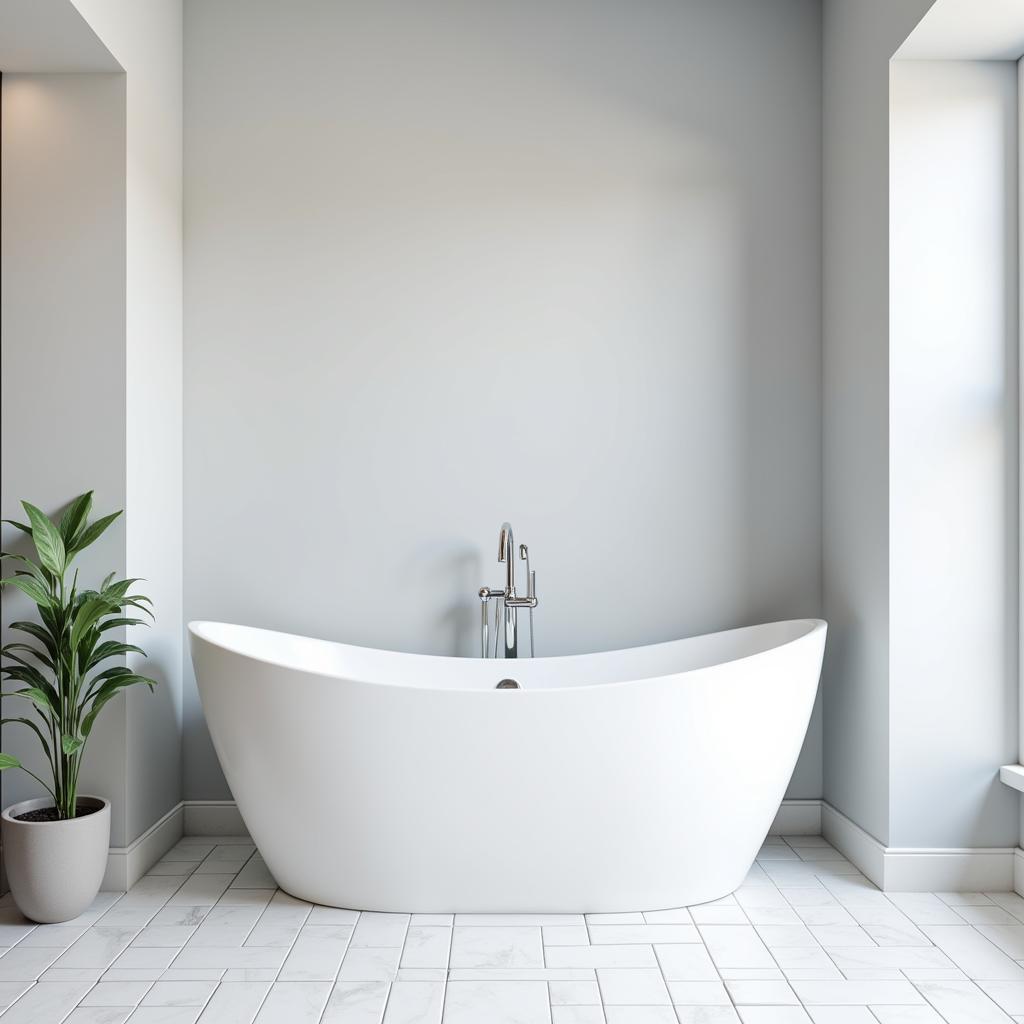 Bathroom with gray walls and white tile floors