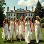 Women in white dresses at a Gatsby party