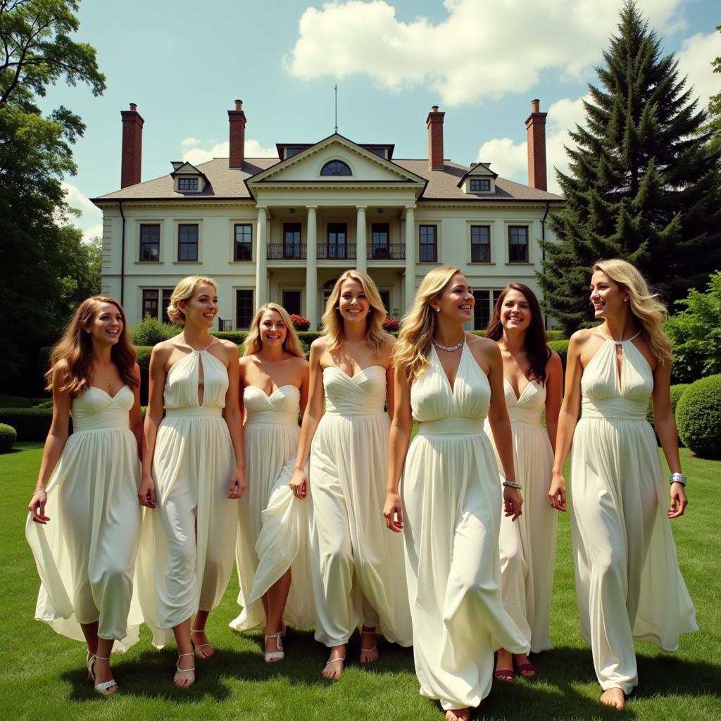 Women in white dresses at a Gatsby party