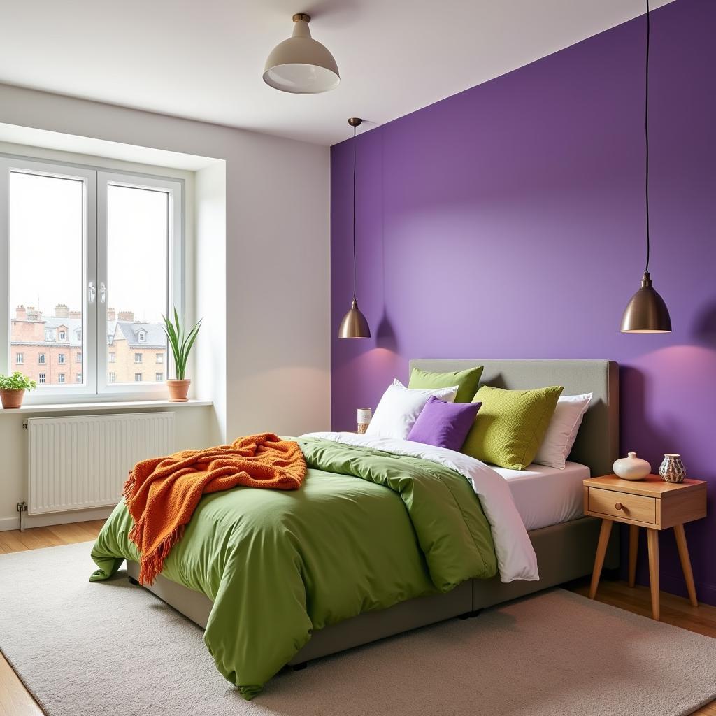 Bedroom with green, orange, and violet accents