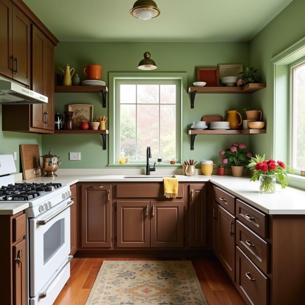 Green walls and brown cabinets create a natural and inviting atmosphere