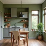 Green and grey kitchen with wooden accents