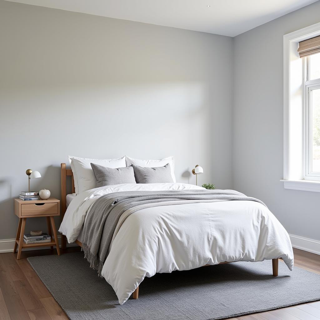 A bedroom with a grey rug and grey walls