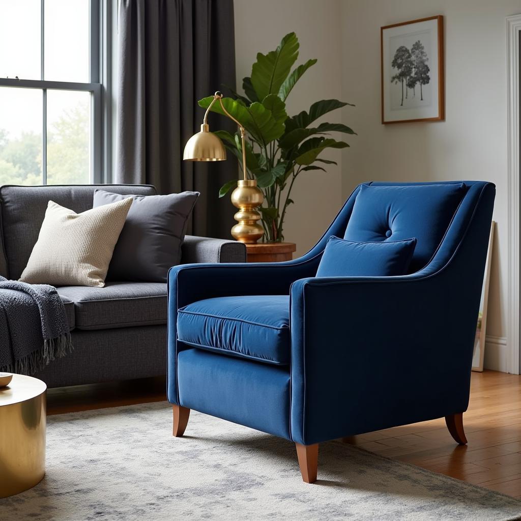 Grey Sofa with Blue Velvet Accent Chair