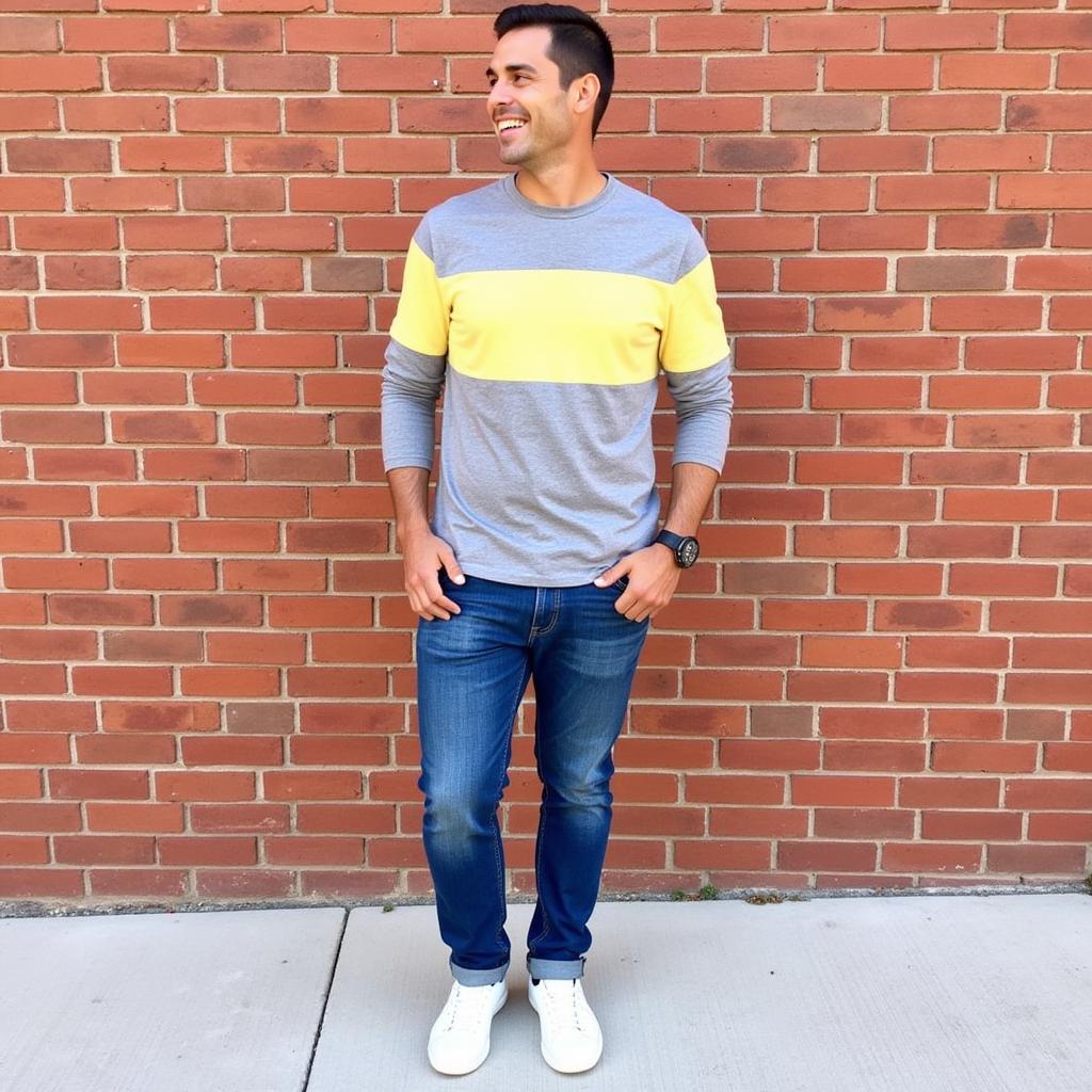 Man in Grey and Yellow Shirt with Blue Jeans