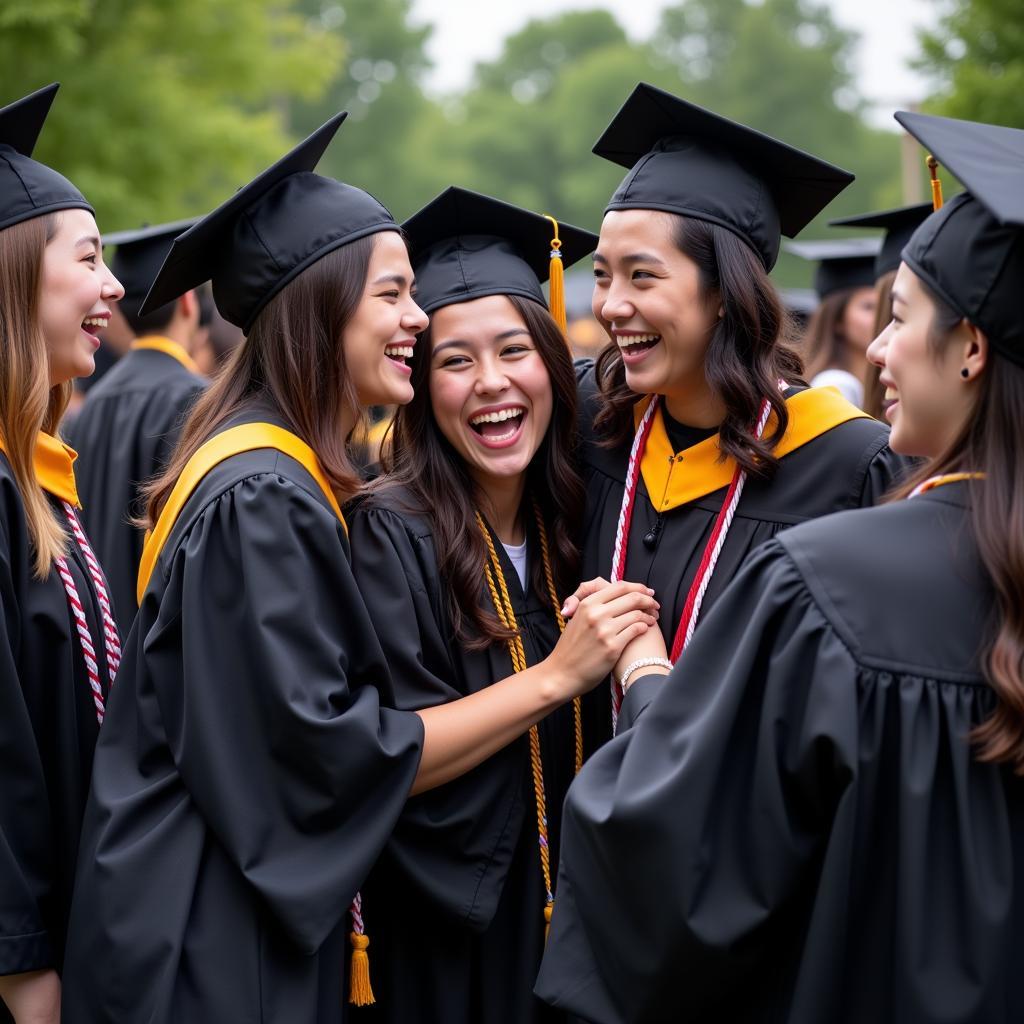 Group of students celebrating graduation with their cords